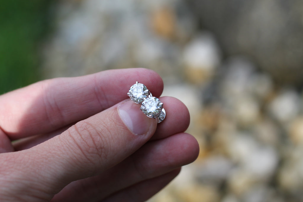 1+ Carat Round Cut Diamond Stud Earrings | 14k White Gold