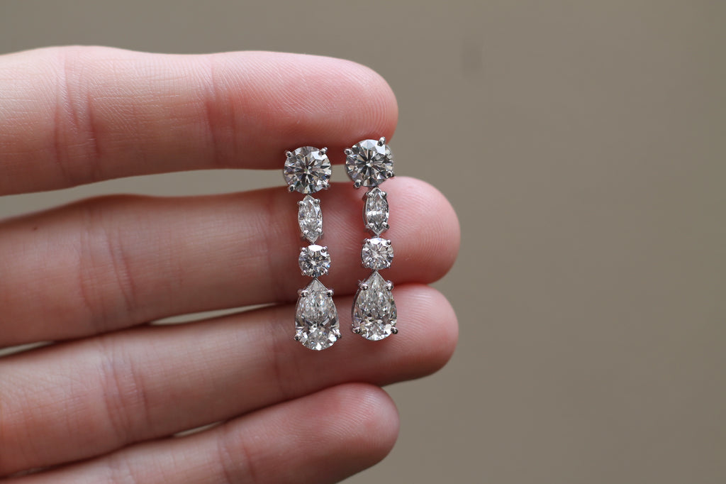 6 Carat Total Multi Cut Diamond Drop Earrings | 14k White Gold