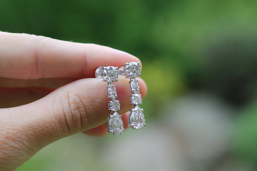 6 Carat Total Multi Cut Diamond Drop Earrings | 14k White Gold