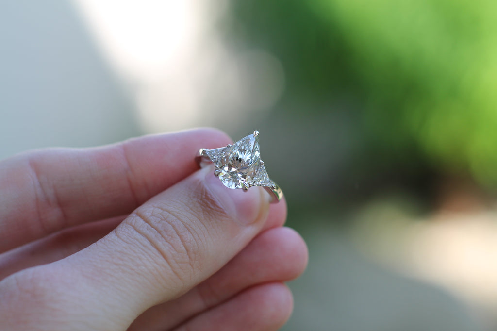 2 Carat Pear Cut Center Diamond With Trilliant Cut Diamond Sides | 14k White Gold | Engagement Ring