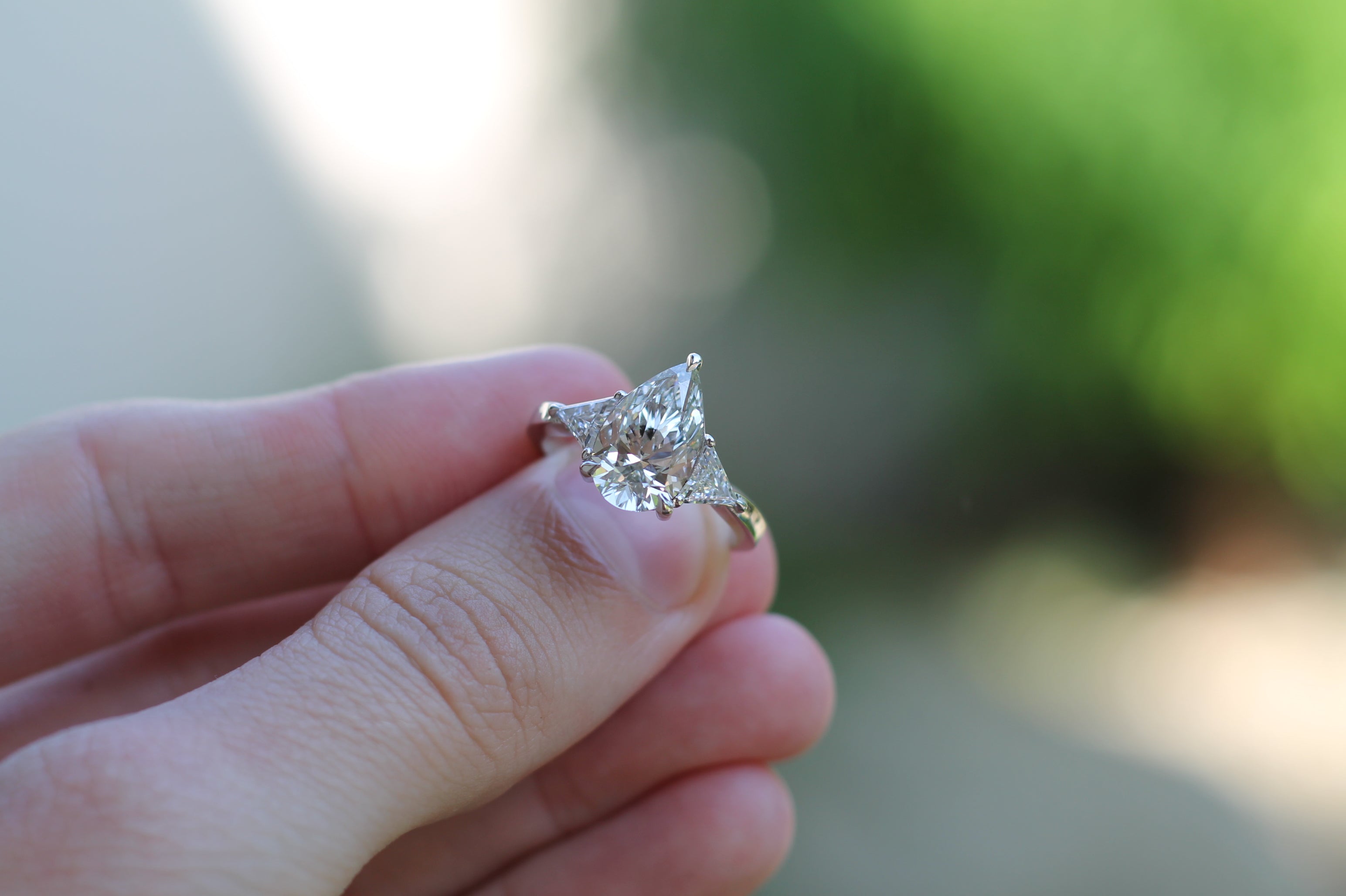 2 Carat Pear Cut Center Diamond With Trilliant Cut Diamond Sides | 14k White Gold | Engagement Ring