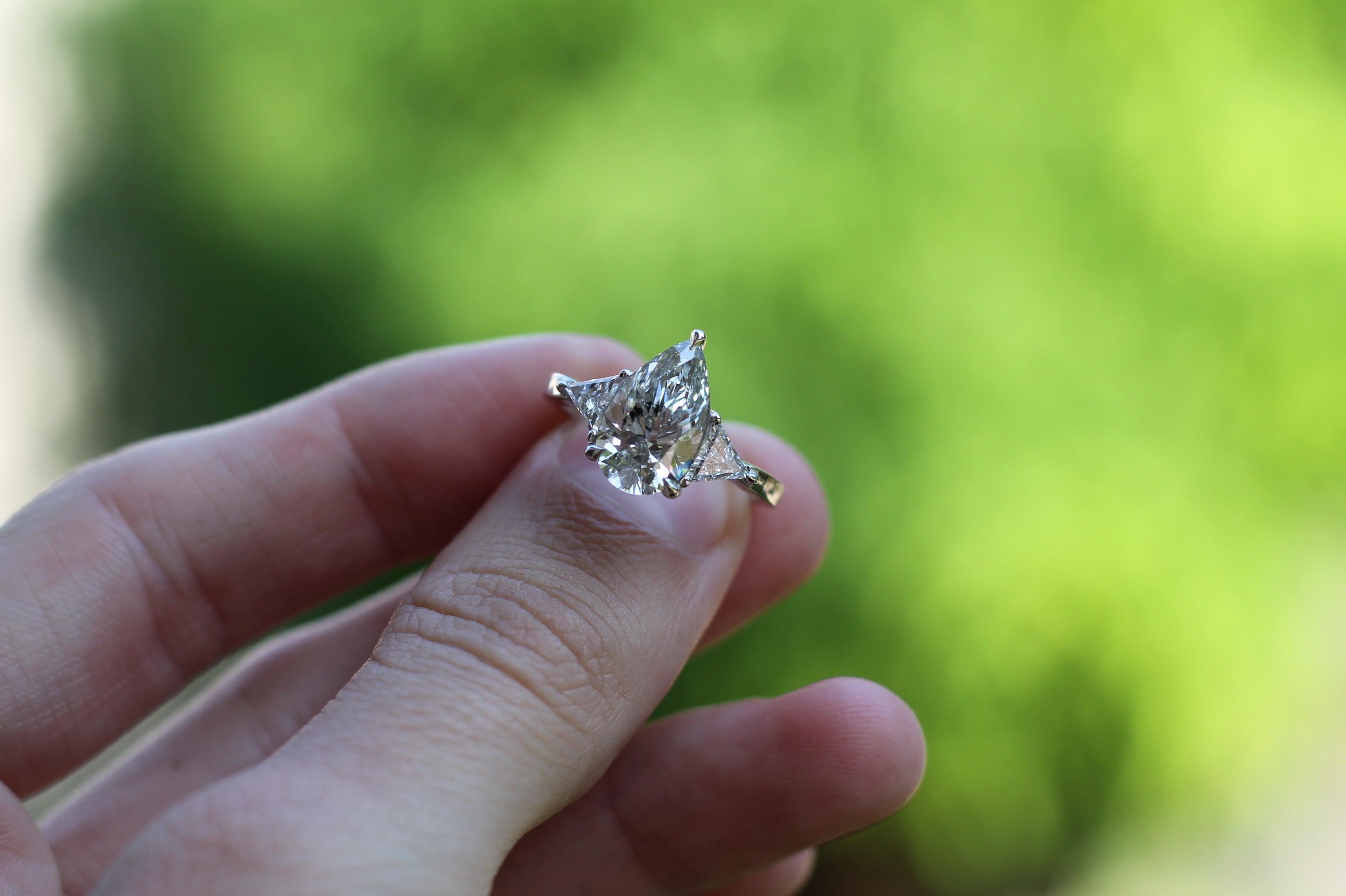 2 Carat Pear Cut Center Diamond With Trilliant Cut Diamond Sides | 14k White Gold | Engagement Ring
