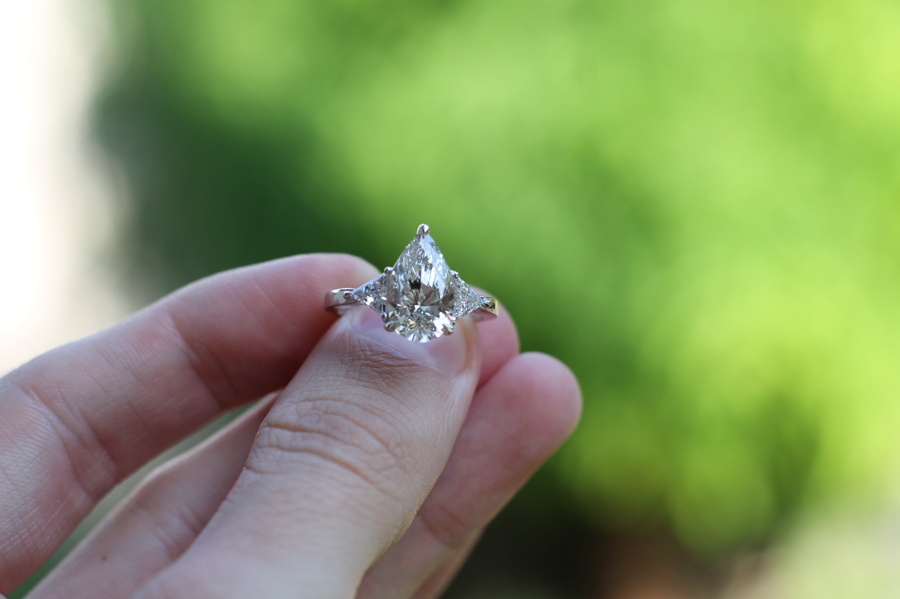 2 Carat Pear Cut Center Diamond With Trilliant Cut Diamond Sides | 14k White Gold | Engagement Ring