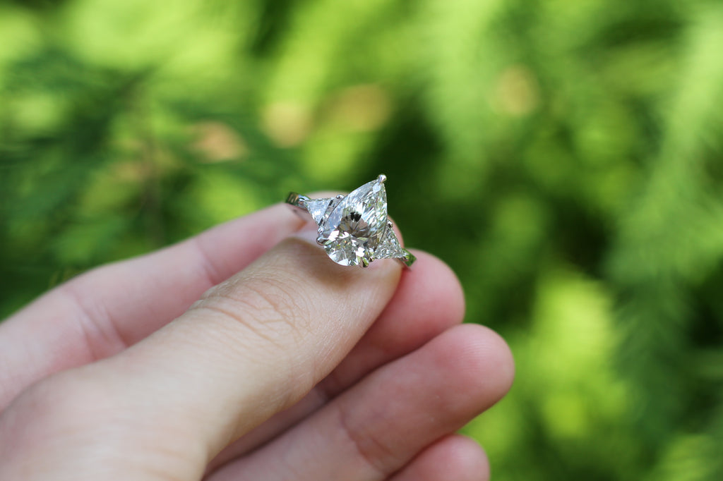 2 Carat Pear Cut Center Diamond With Trilliant Cut Diamond Sides | 14k White Gold | Engagement Ring