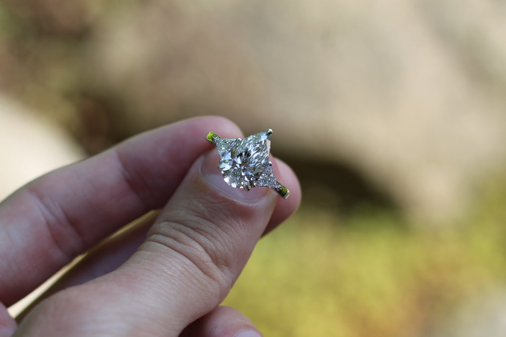 2 Carat Pear Cut Center Diamond With Trilliant Cut Diamond Sides | 14k White Gold | Engagement Ring