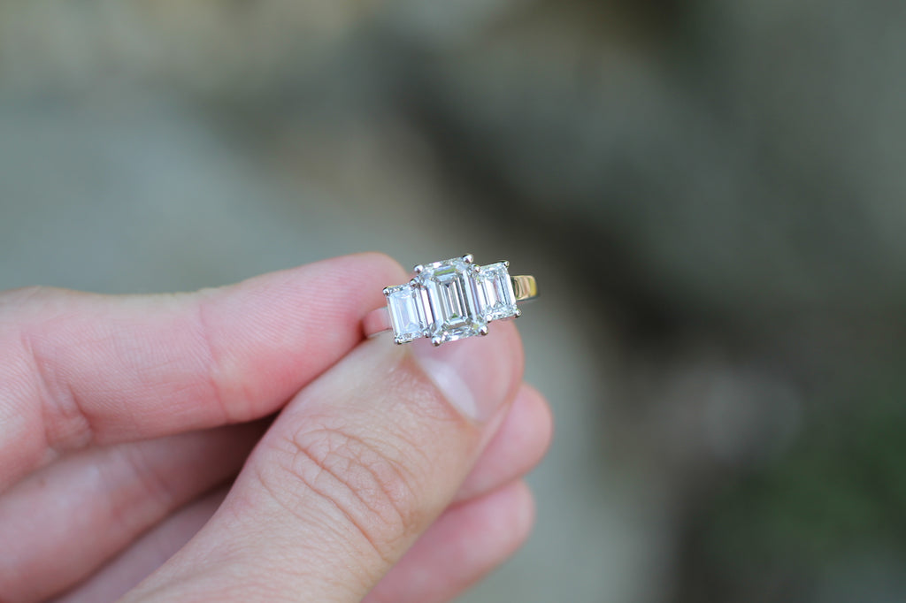 2 Carat Emerald Cut Diamond Triple Stone Ring | 14k White Gold | Engagement Ring