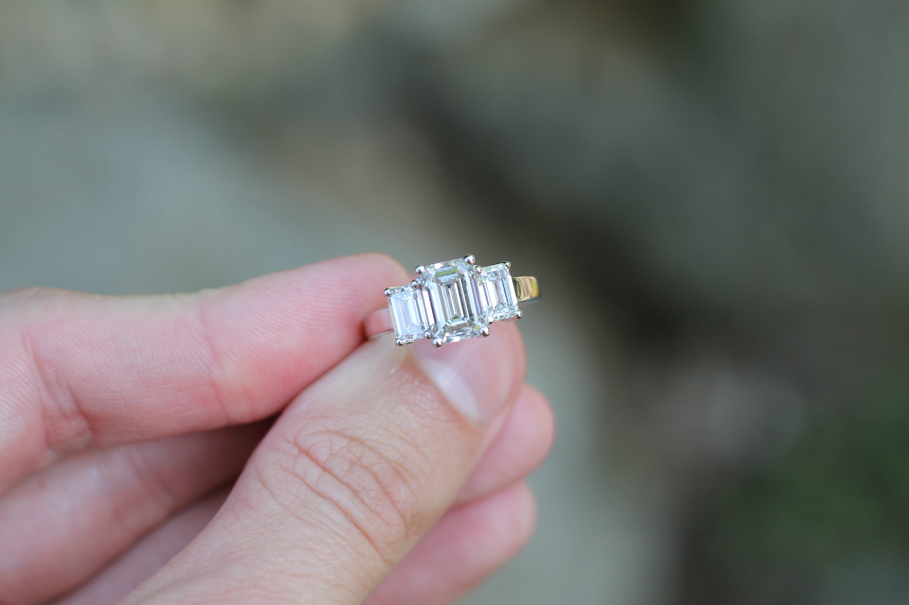 2 Carat Emerald Cut Diamond Triple Stone Ring | 14k White Gold | Engagement Ring