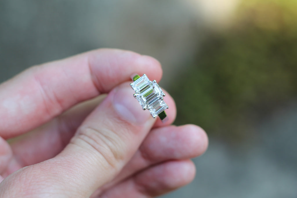 2 Carat Emerald Cut Diamond Triple Stone Ring | 14k White Gold | Engagement Ring