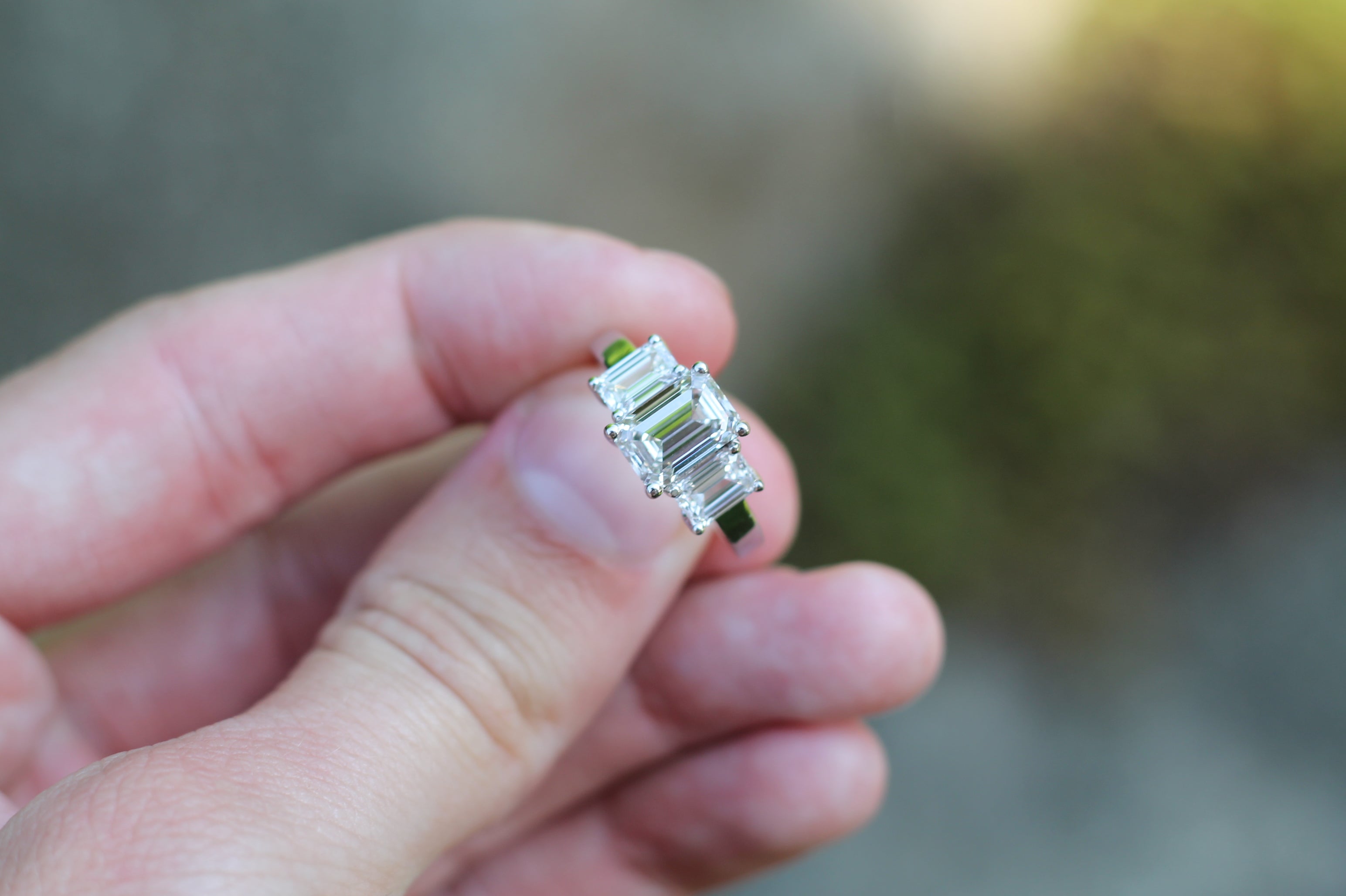 2 Carat Emerald Cut Diamond Triple Stone Ring | 14k White Gold | Engagement Ring