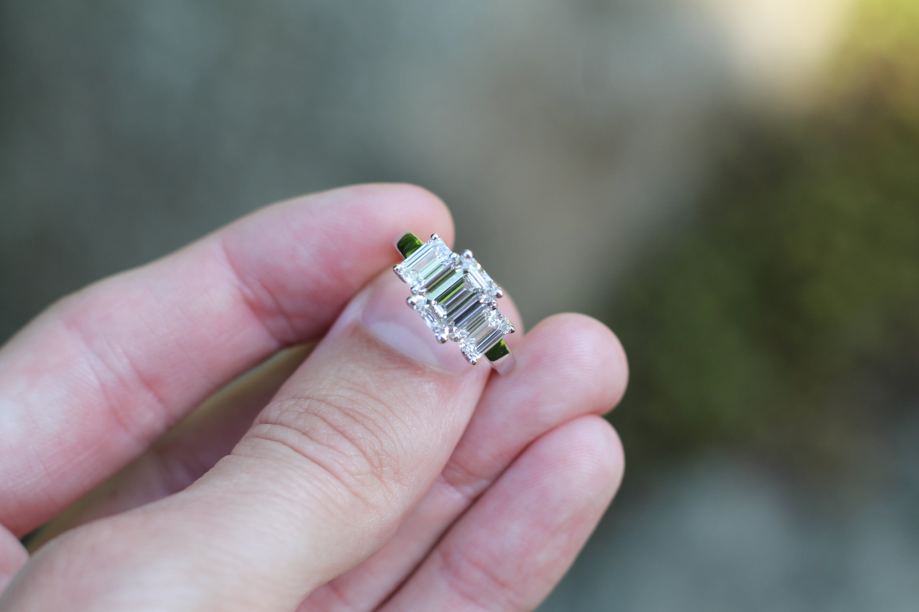 2 Carat Emerald Cut Diamond Triple Stone Ring | 14k White Gold | Engagement Ring
