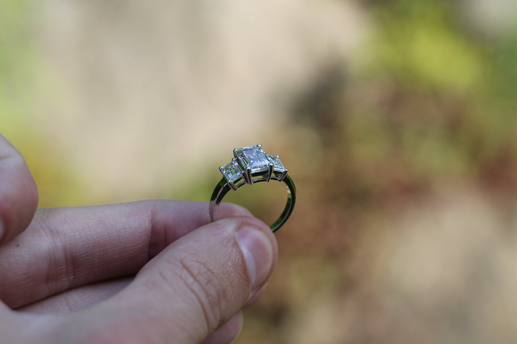 2 Carat Emerald Cut Diamond Triple Stone Ring | 14k White Gold | Engagement Ring