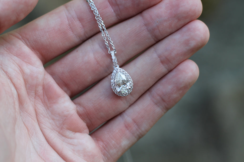 1 Carat Pear Cut Diamond Drop Necklace With Halo | 14k White Gold