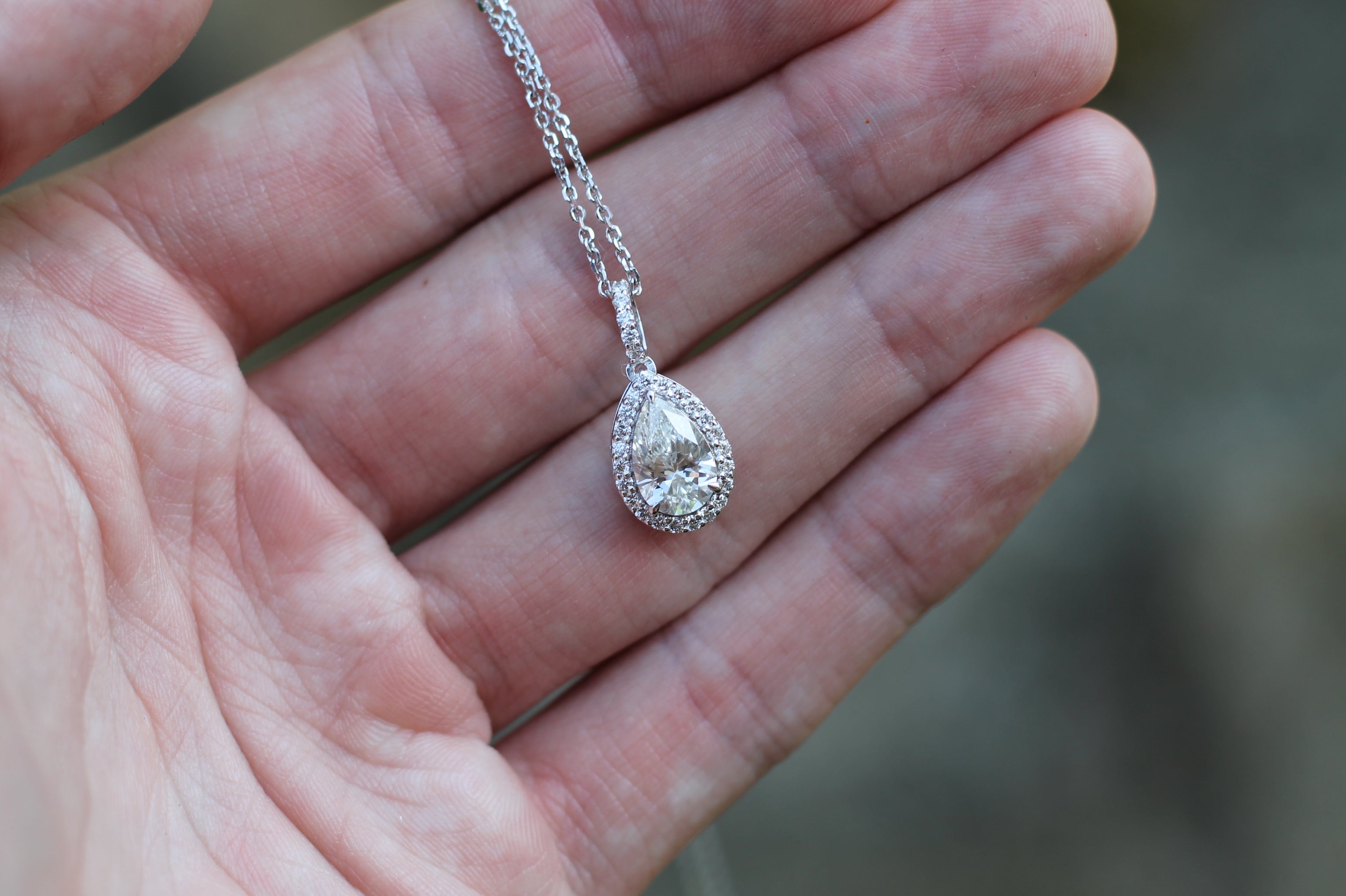 1 Carat Pear Cut Diamond Drop Necklace With Halo | 14k White Gold