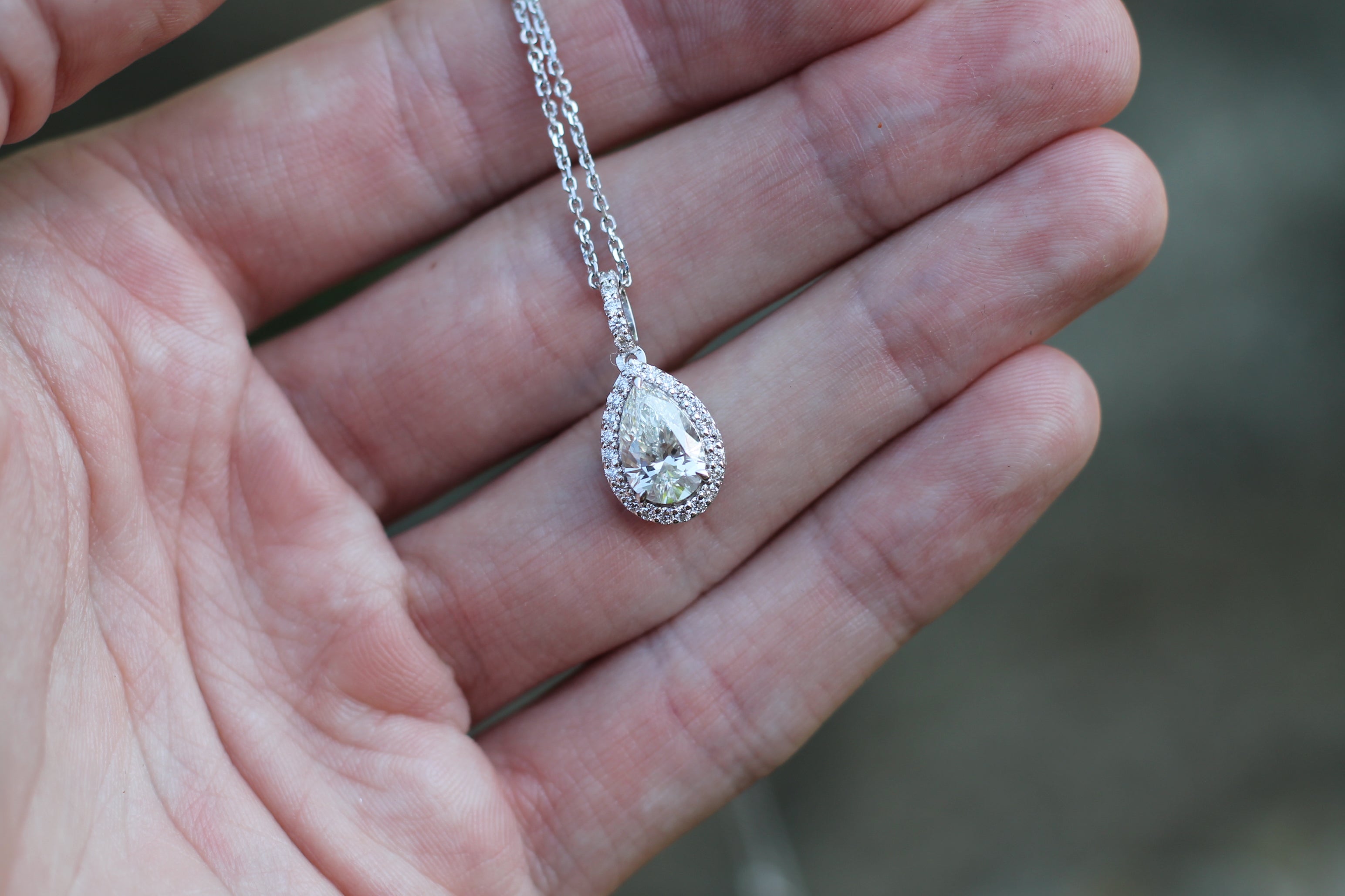 1 Carat Pear Cut Diamond Drop Necklace With Halo | 14k White Gold