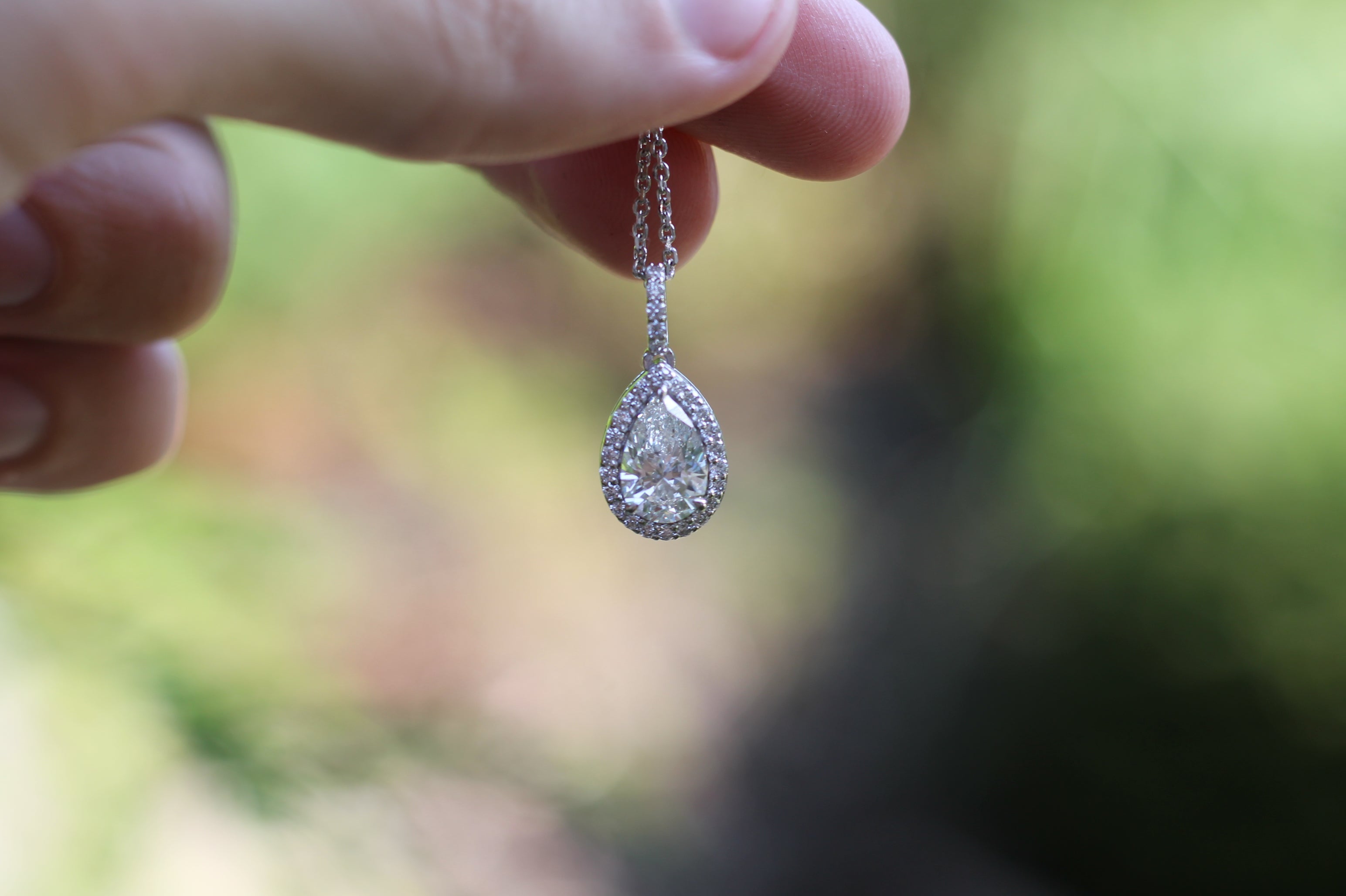 1 Carat Pear Cut Diamond Drop Necklace With Halo | 14k White Gold
