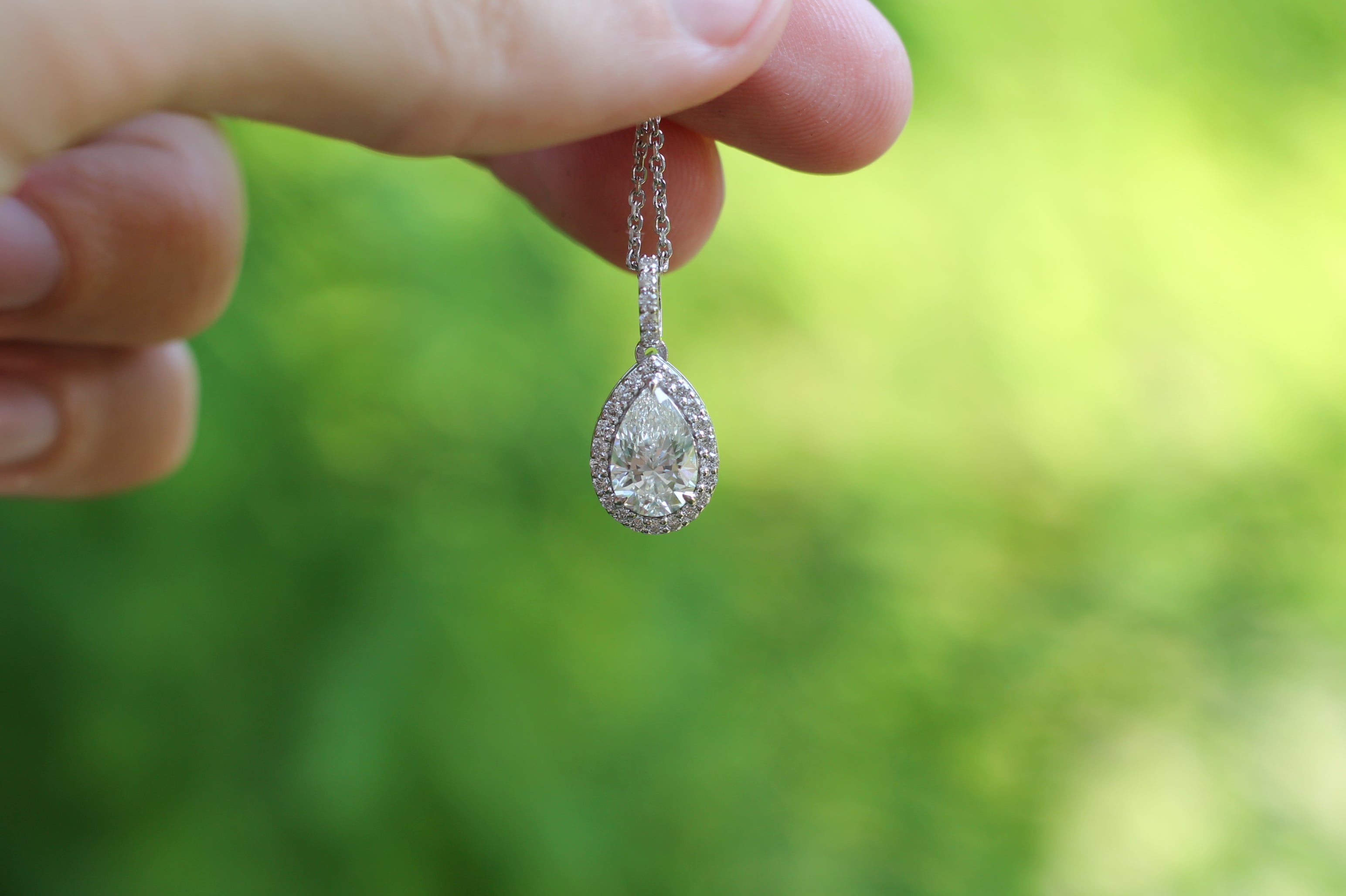 1 Carat Pear Cut Diamond Drop Necklace With Halo | 14k White Gold