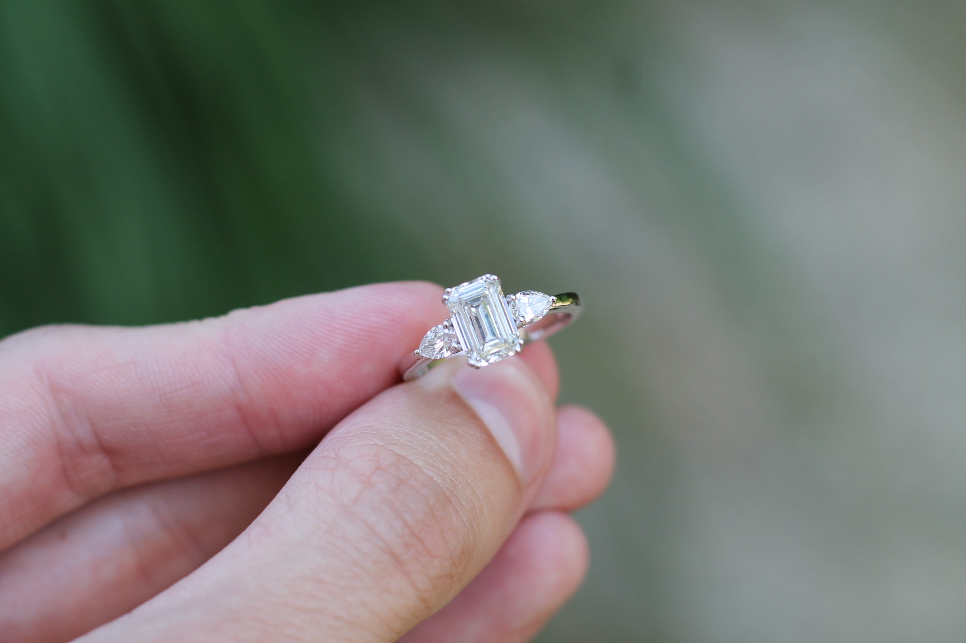 1 Carat Center Emerald Cut Diamond With Pear Sides Ring | 14k White Gold | Engagement Ring