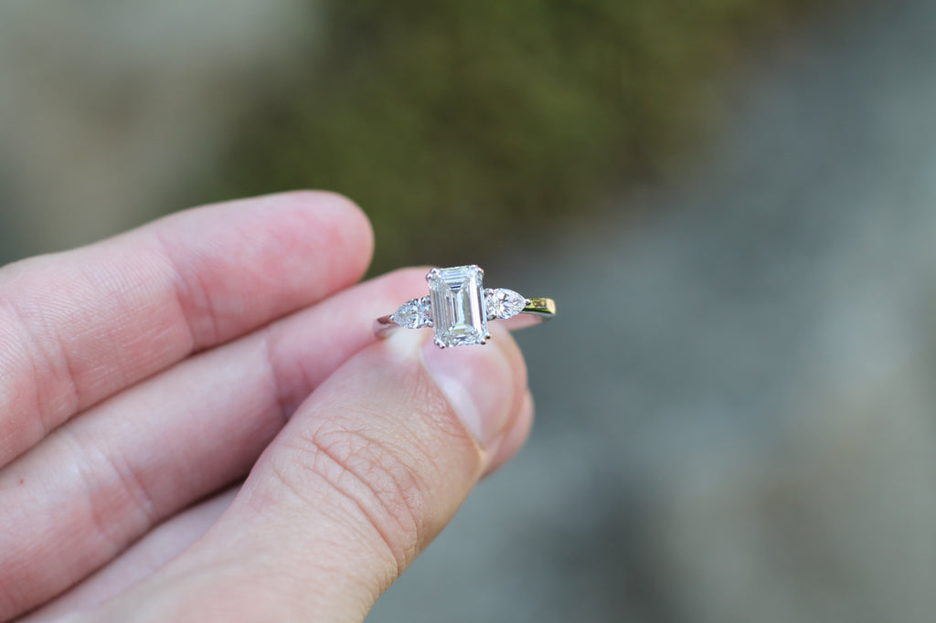 1 Carat Center Emerald Cut Diamond With Pear Sides Ring | 14k White Gold | Engagement Ring