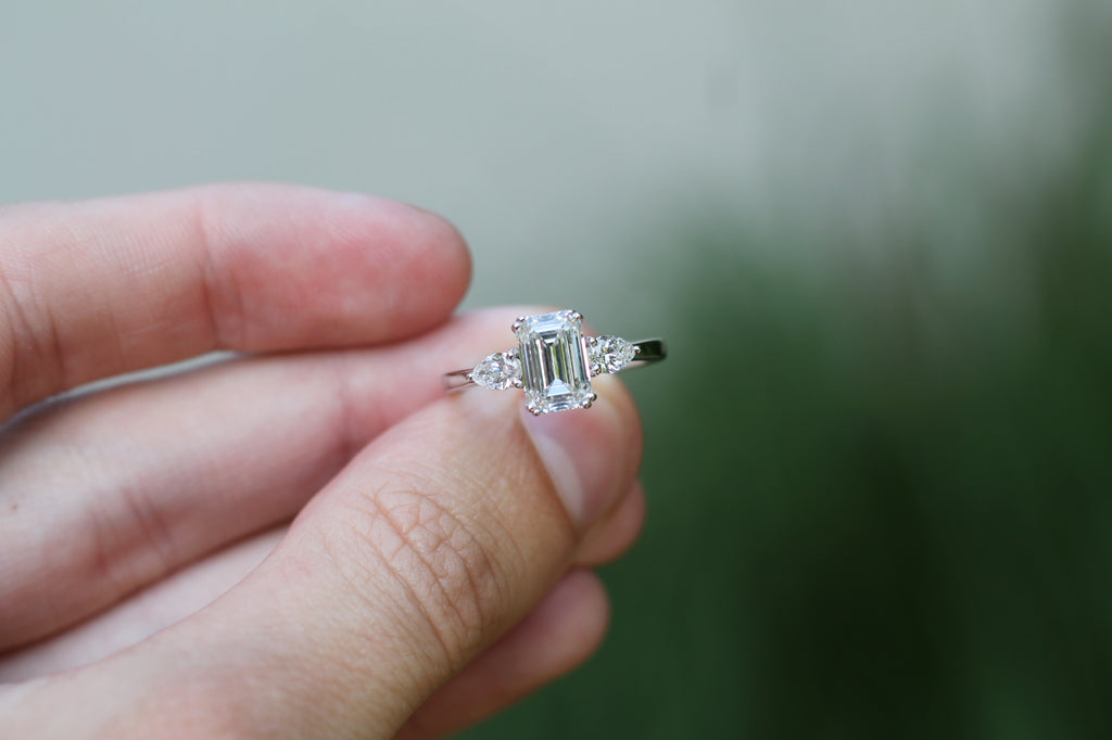 1 Carat Center Emerald Cut Diamond With Pear Sides Ring | 14k White Gold | Engagement Ring