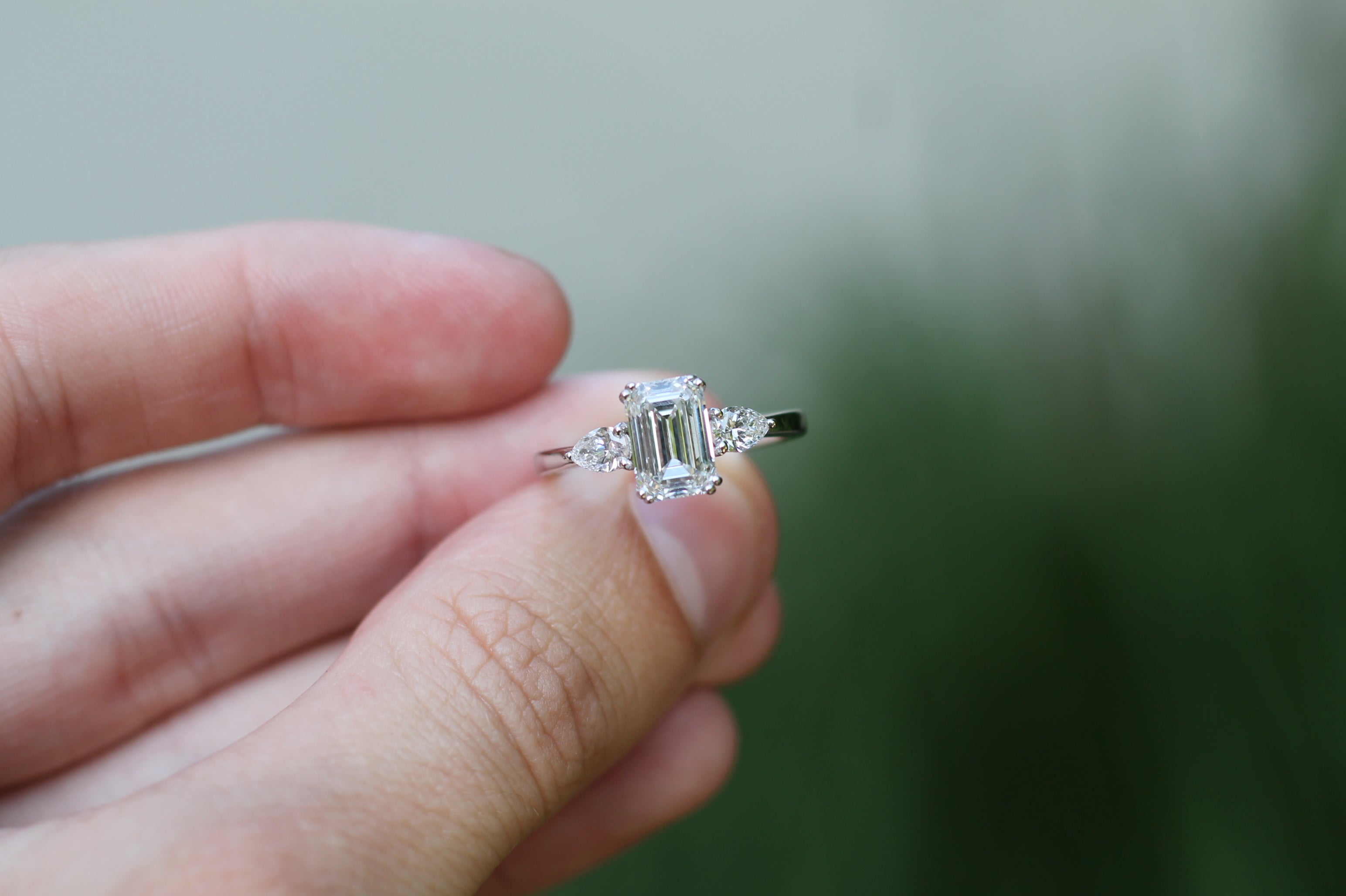 1 Carat Center Emerald Cut Diamond With Pear Sides Ring | 14k White Gold | Engagement Ring