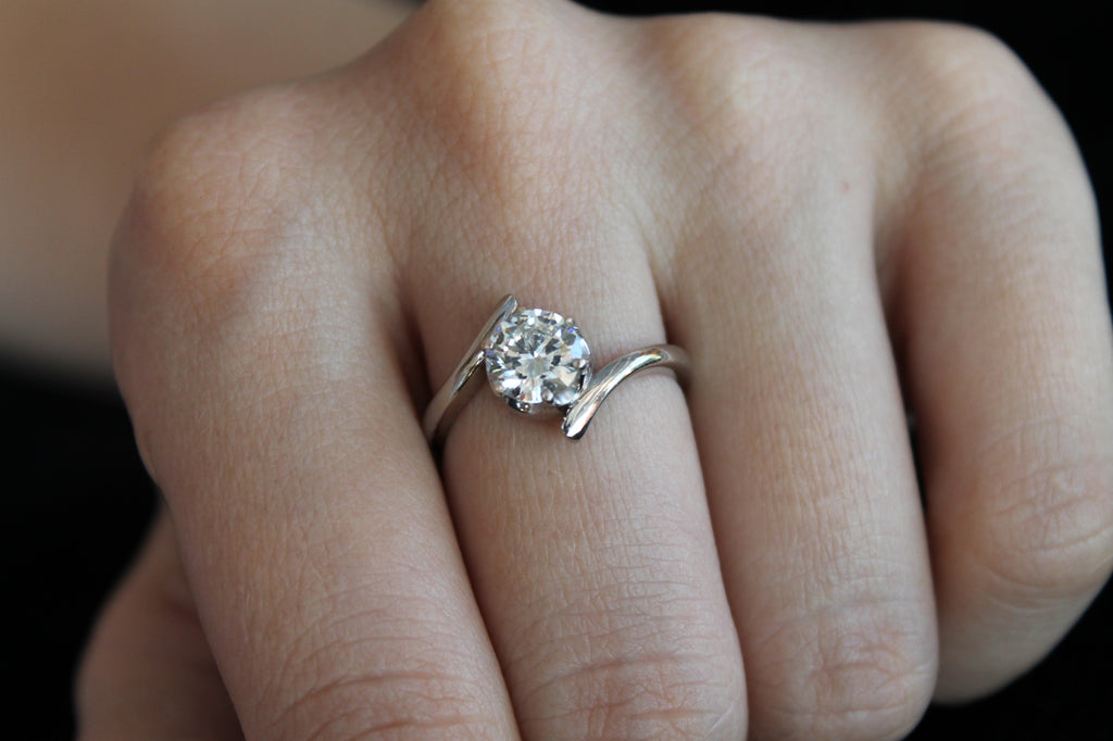 1 Carat Round Cut Solitaire Diamond Ring With Bent Sides | 14k White Gold | Engagement Ring