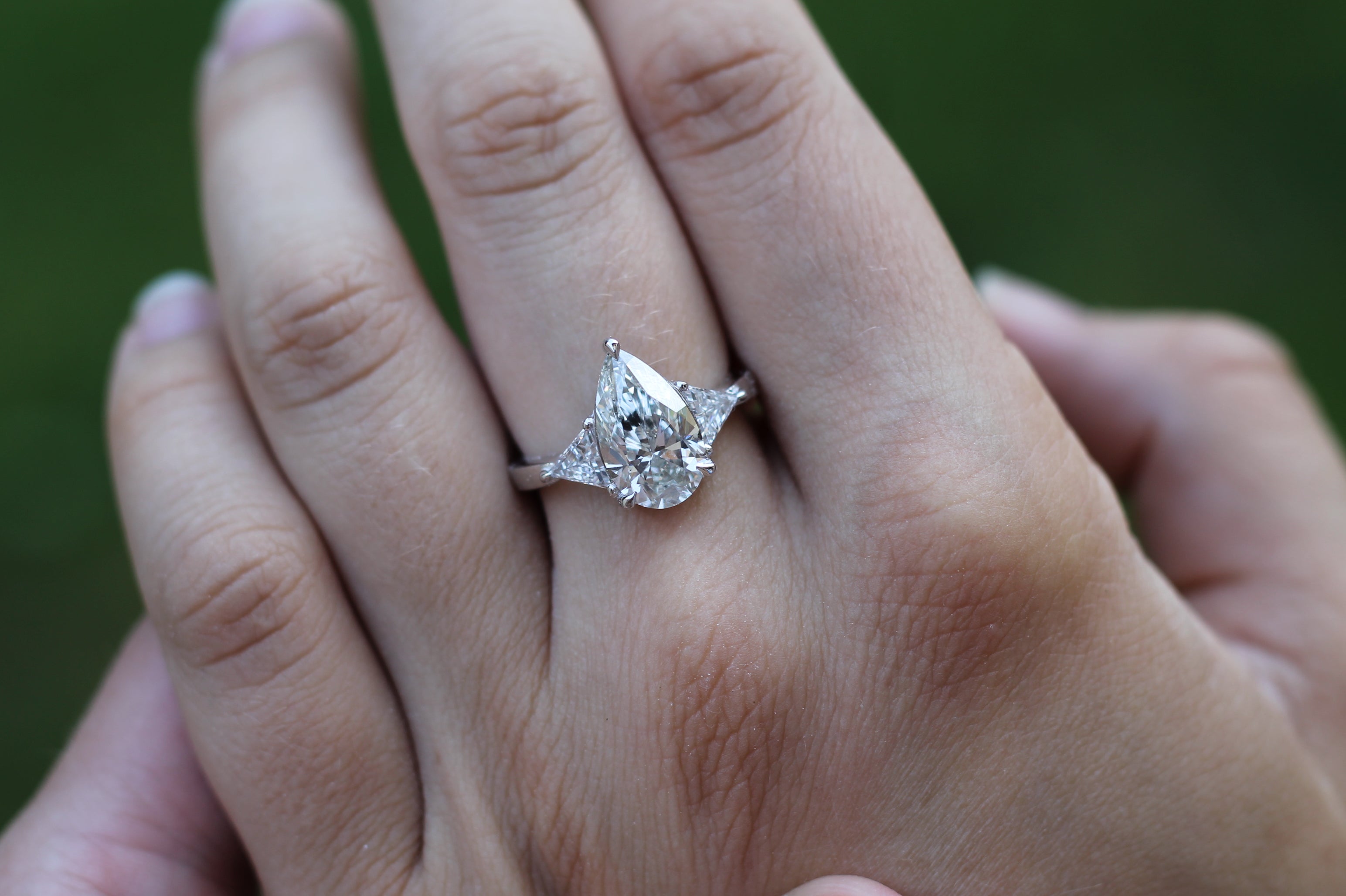 2 Carat Pear Cut Center Diamond With Trilliant Cut Diamond Sides | 14k White Gold | Engagement Ring