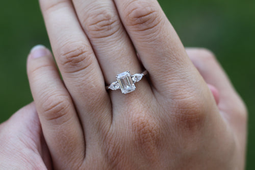 1 Carat Center Emerald Cut Diamond With Pear Sides Ring | 14k White Gold | Engagement Ring