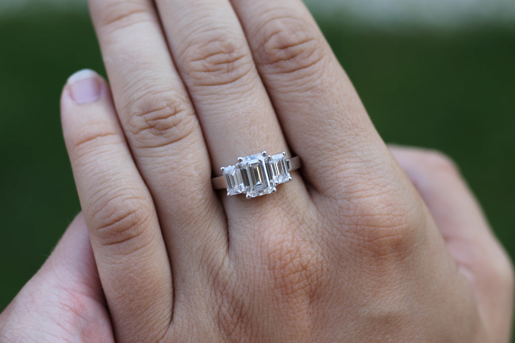 2 Carat Emerald Cut Diamond Triple Stone Ring | 14k White Gold | Engagement Ring