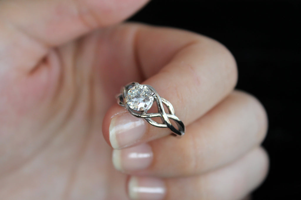 1 Carat Round Cut Solitaire Diamond Ring With Triple Twist Sides | 14k White Gold | Engagement Ring