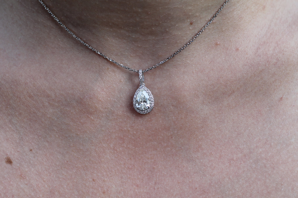 1 Carat Pear Cut Diamond Drop Necklace With Halo | 14k White Gold