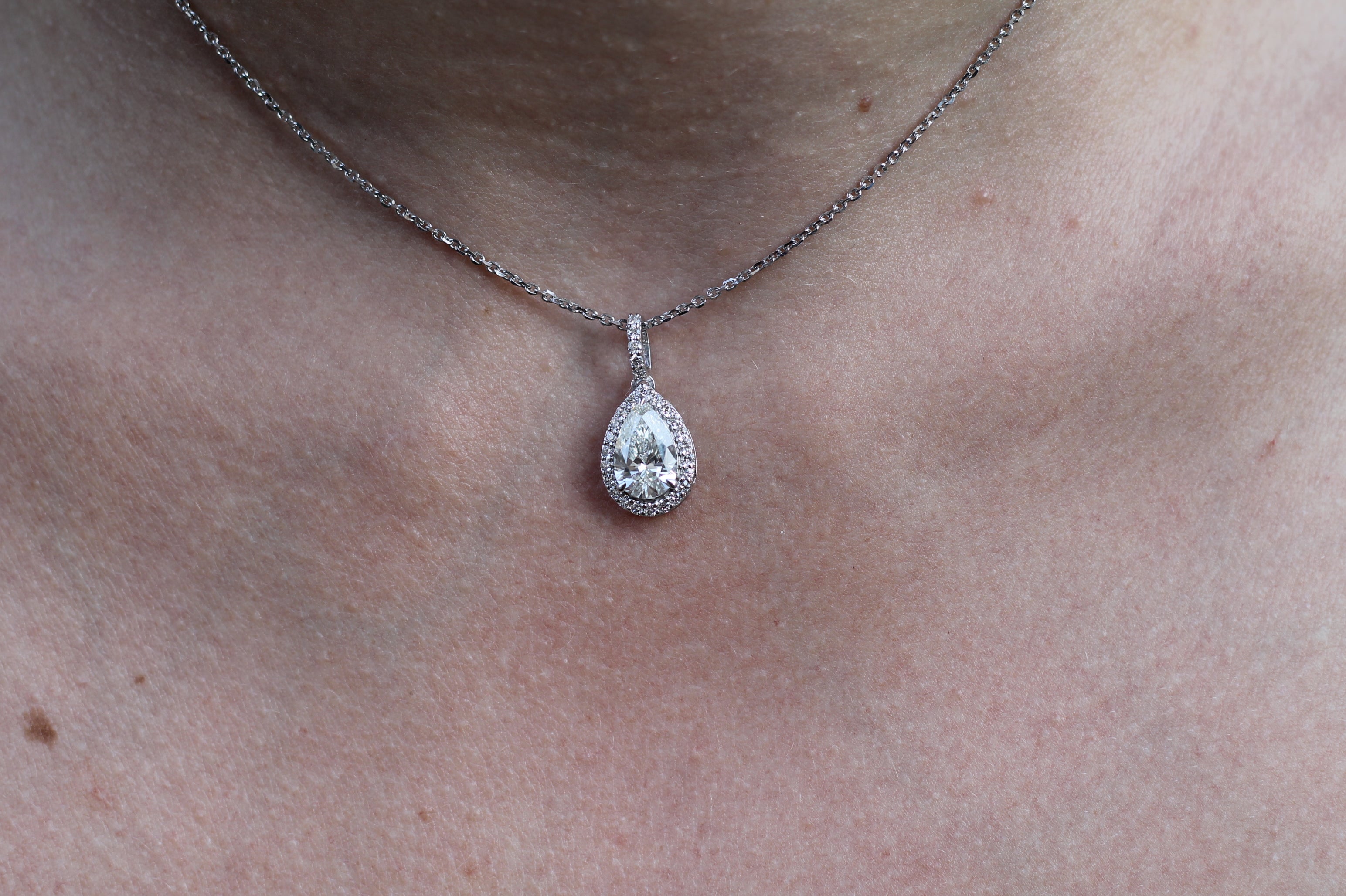 1 Carat Pear Cut Diamond Drop Necklace With Halo | 14k White Gold
