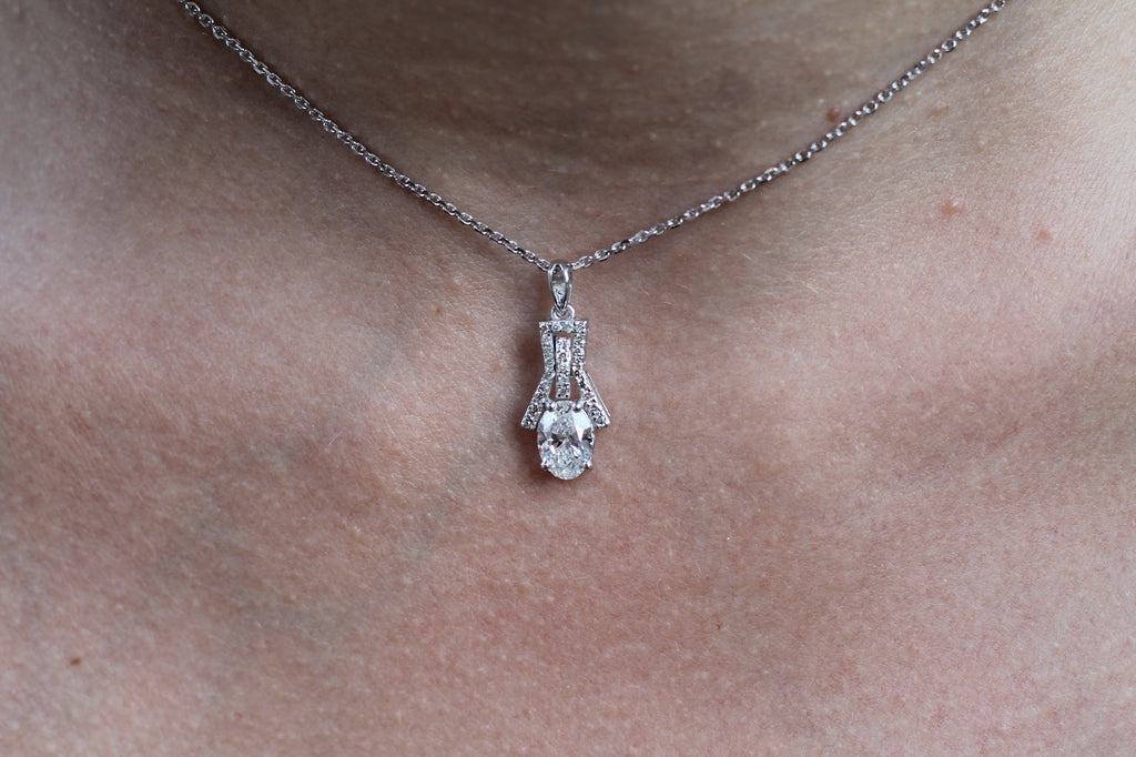 1 Carat Oval Cut Diamond Necklace | 14k White Gold