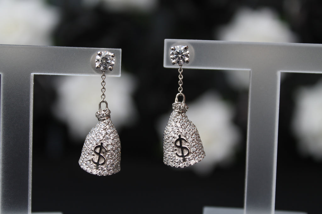 2 Carat Round Cut Diamond Money Bag Earrings | 14k White Gold