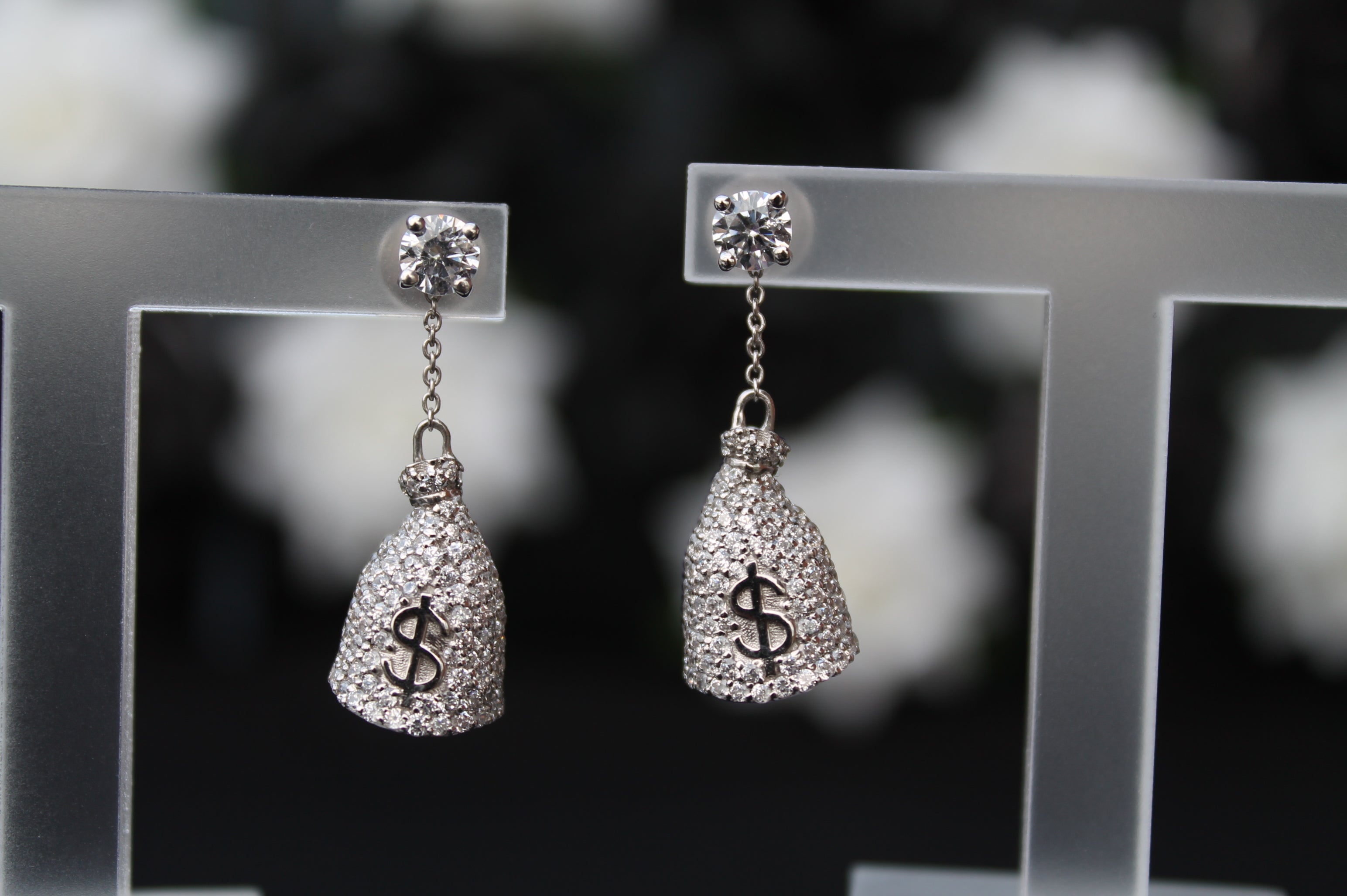 2 Carat Round Cut Diamond Money Bag Earrings | 14k White Gold