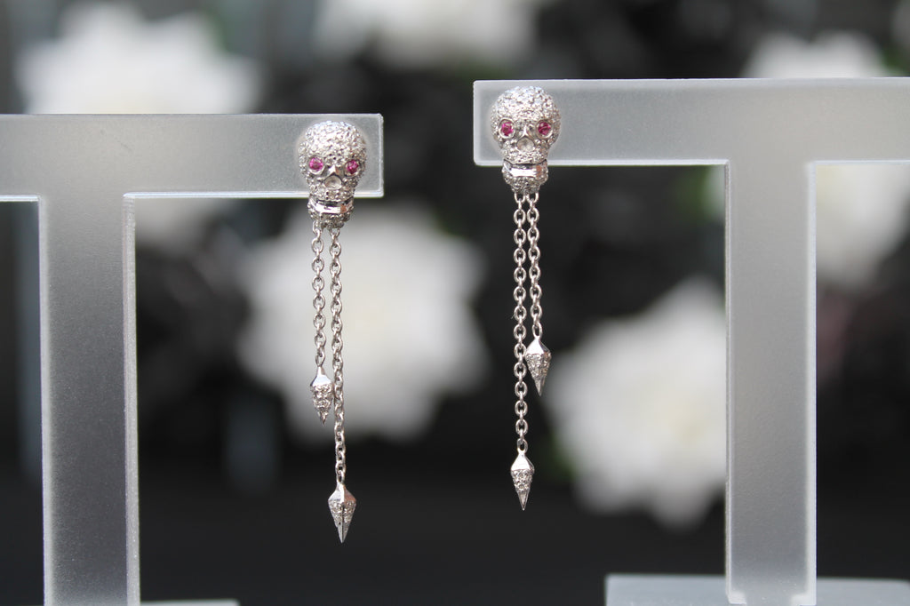 Diamond & Ruby Skull Earrings | 14k White Gold | Dangling Stud Earrings