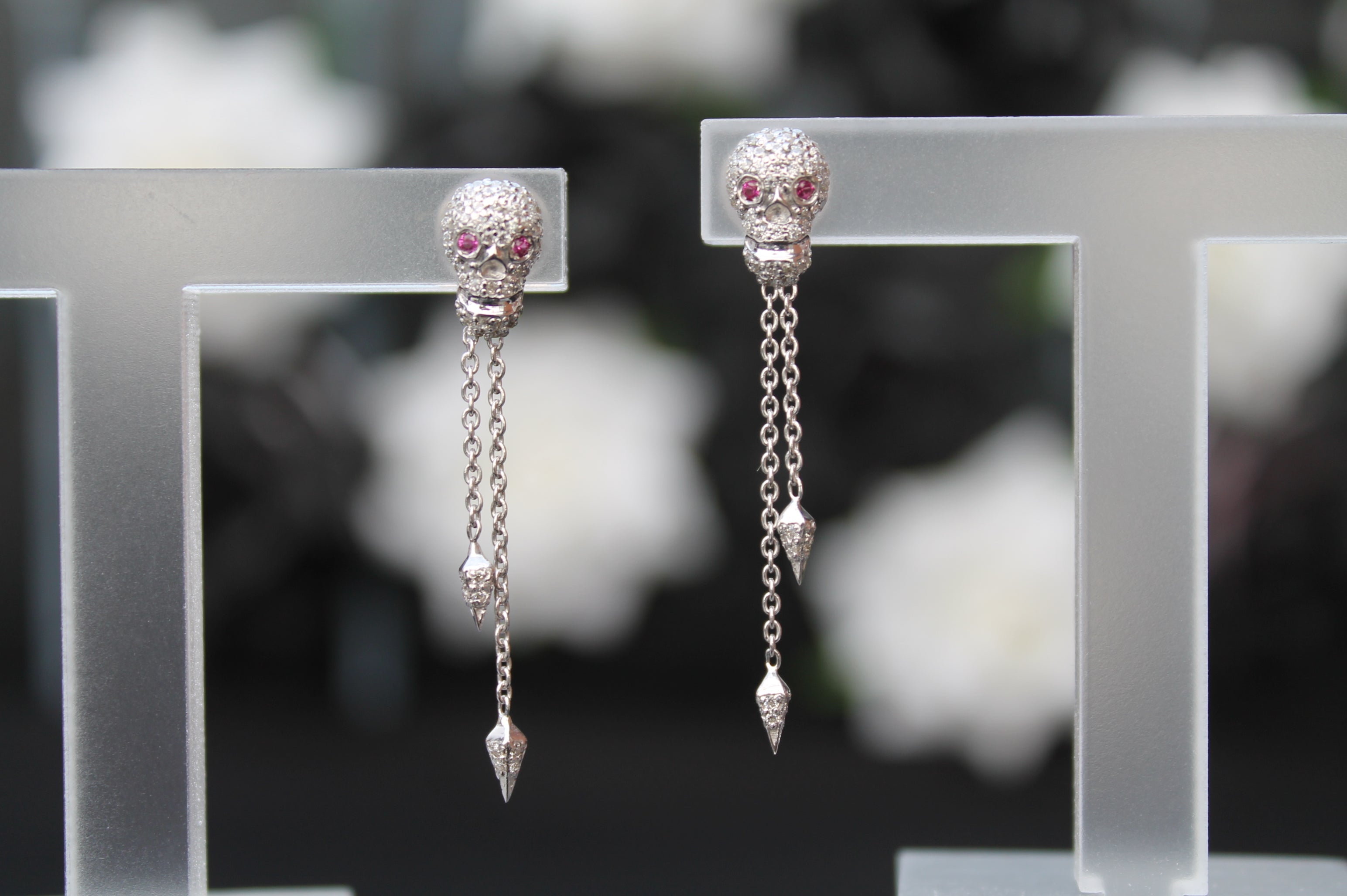 Diamond & Ruby Skull Earrings | 14k White Gold | Dangling Stud Earrings