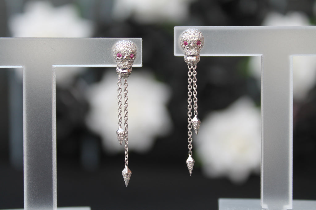 Diamond & Ruby Skull Earrings | 14k White Gold | Dangling Stud Earrings
