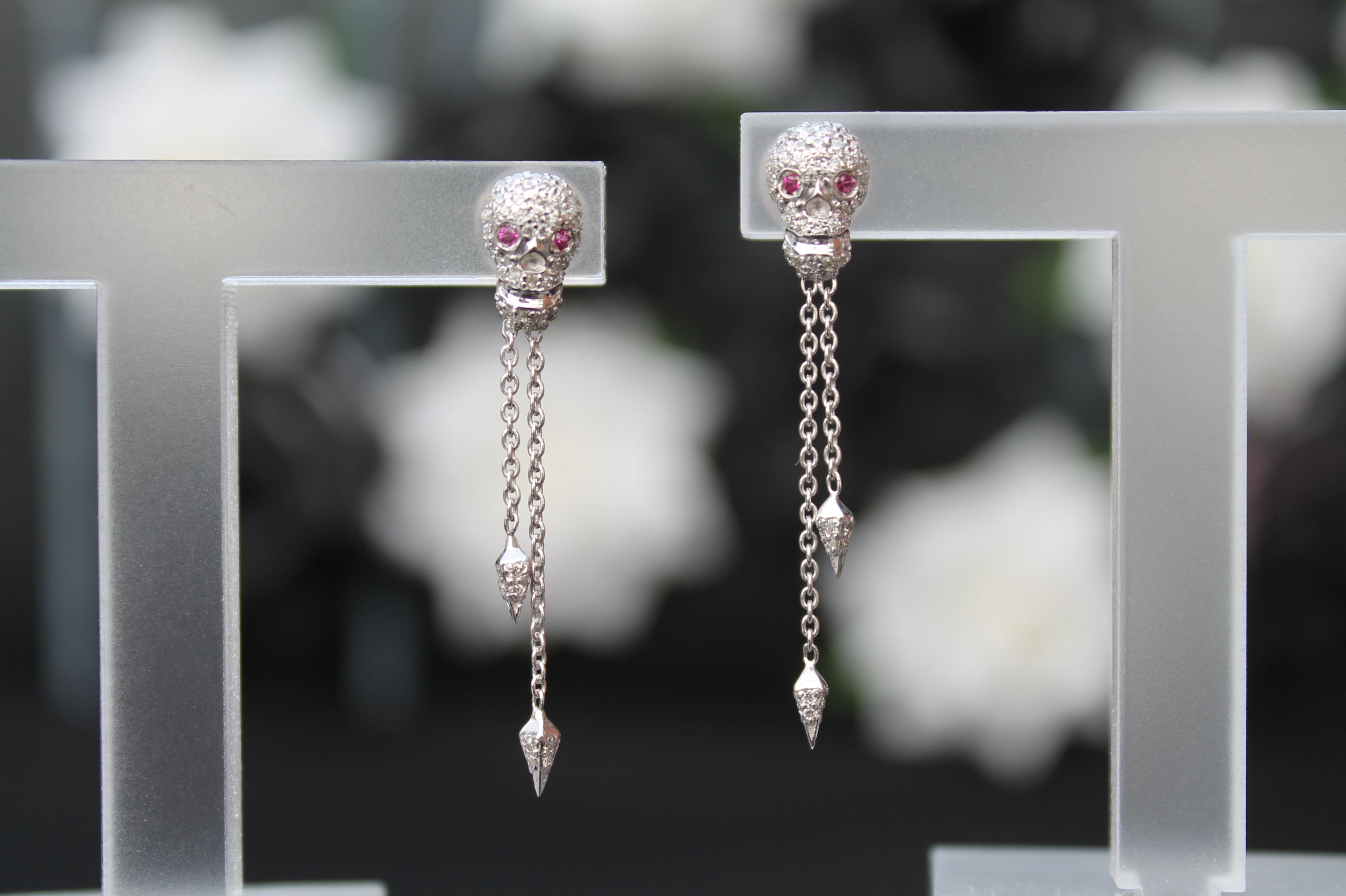 Diamond & Ruby Skull Earrings | 14k White Gold | Dangling Stud Earrings
