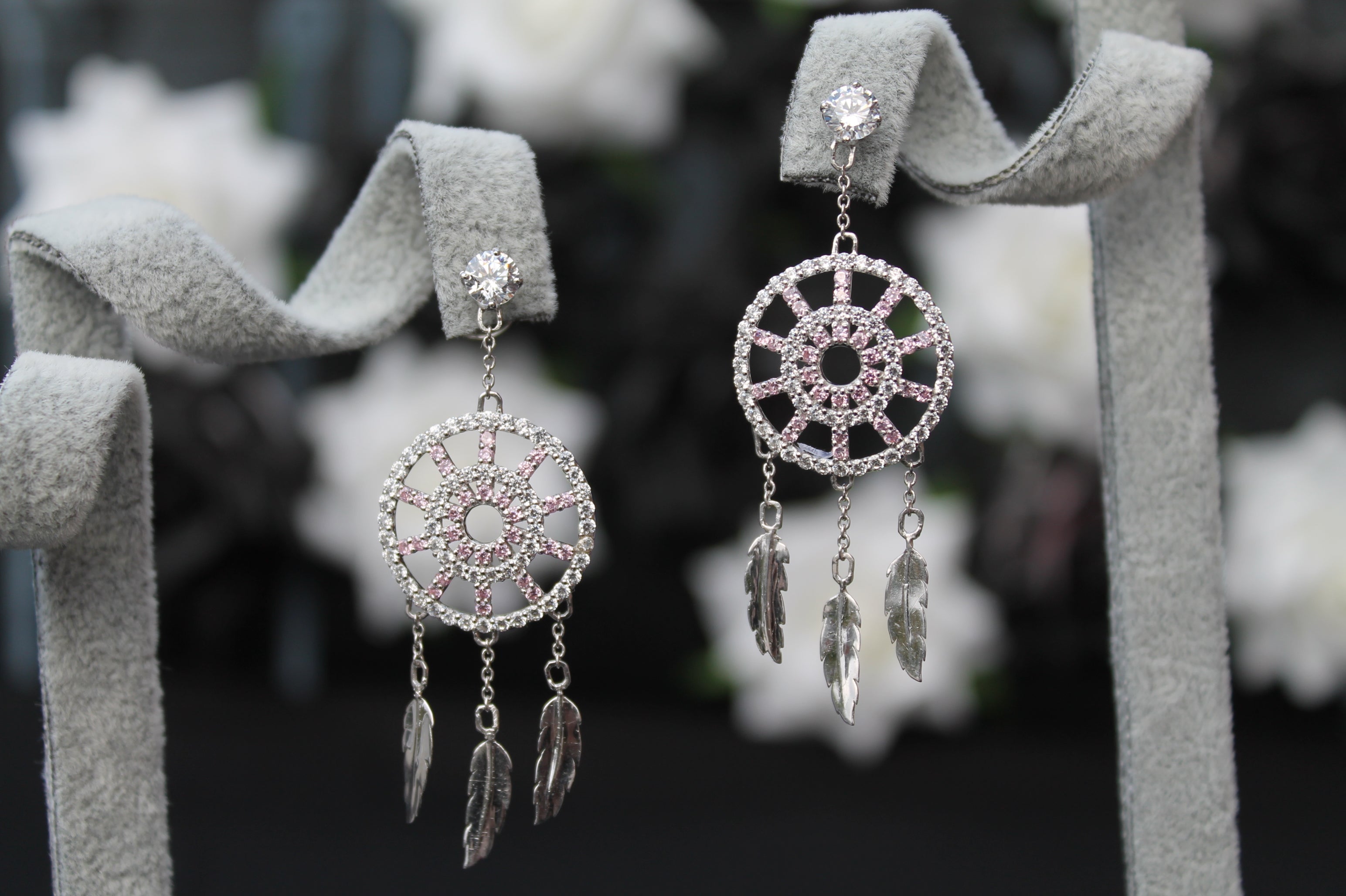 2 Carat Round Diamond Dream Catcher Earrings | 14k White Gold | With Pink Sapphires