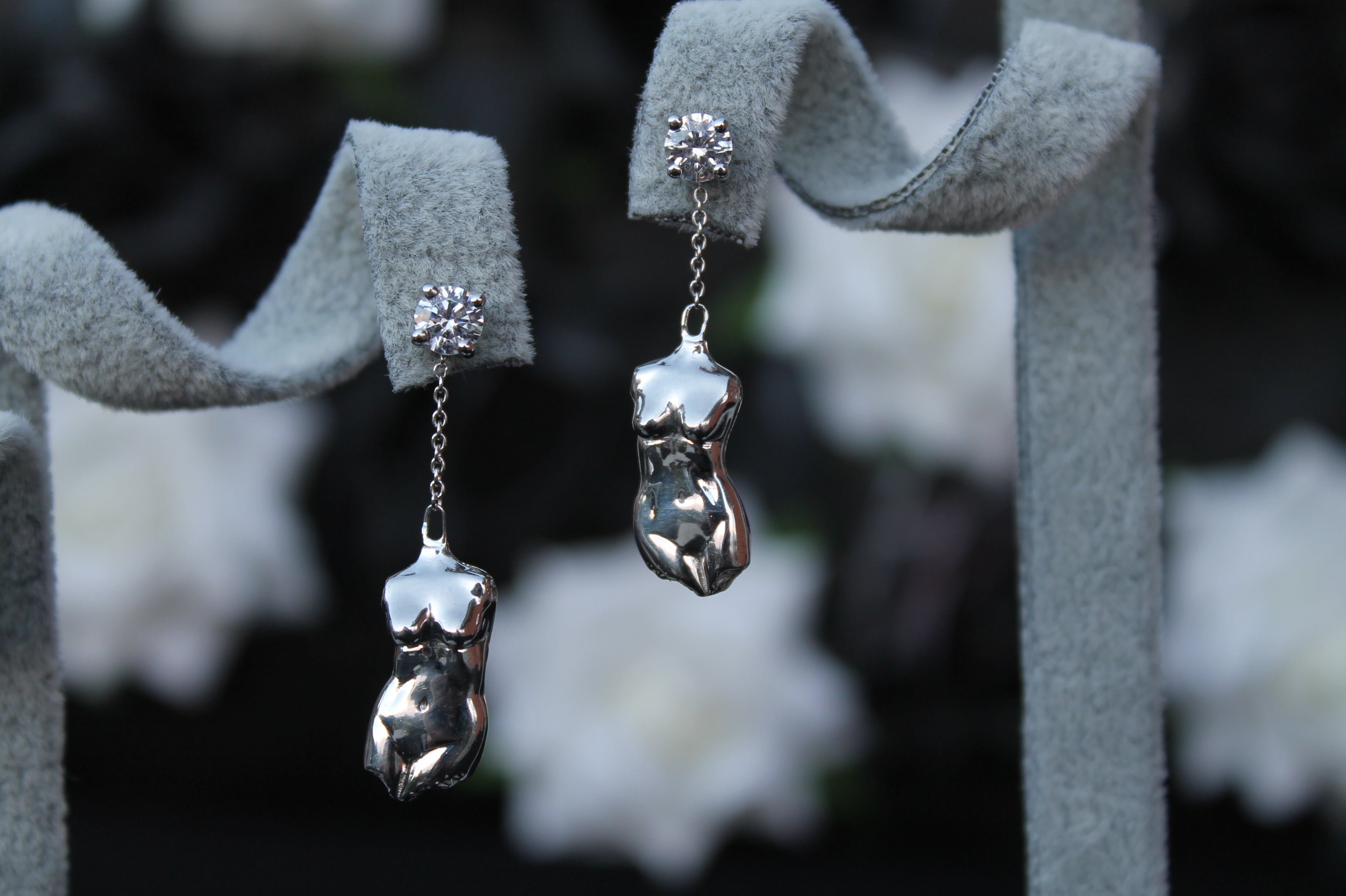 2 Carat Round Diamond Female Torso Earrings | 14k White Gold