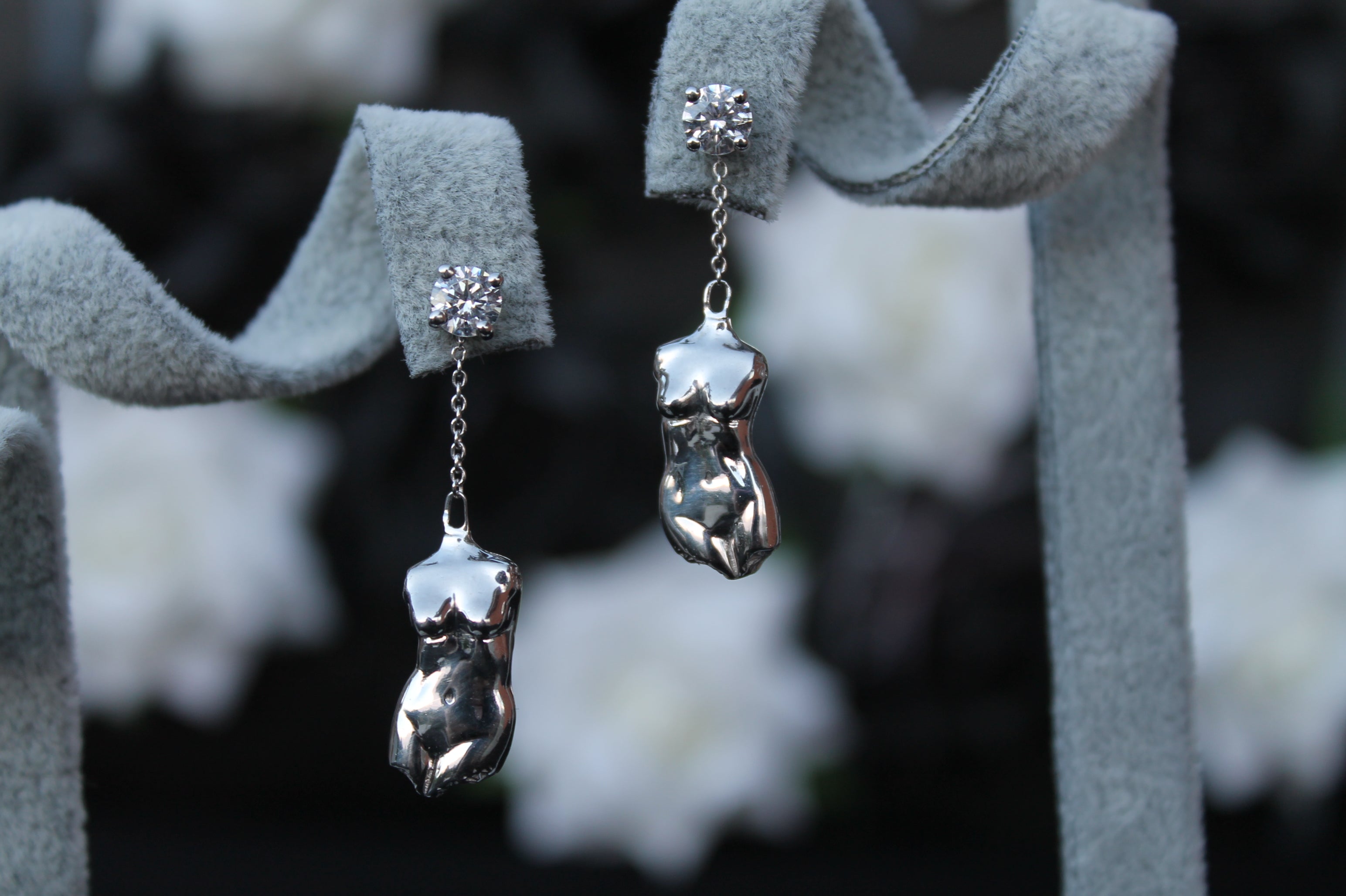 2 Carat Round Diamond Female Torso Earrings | 14k White Gold
