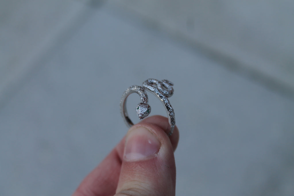 Diamond & Emerald Snake Ring | 14k White Gold | Statement Ring