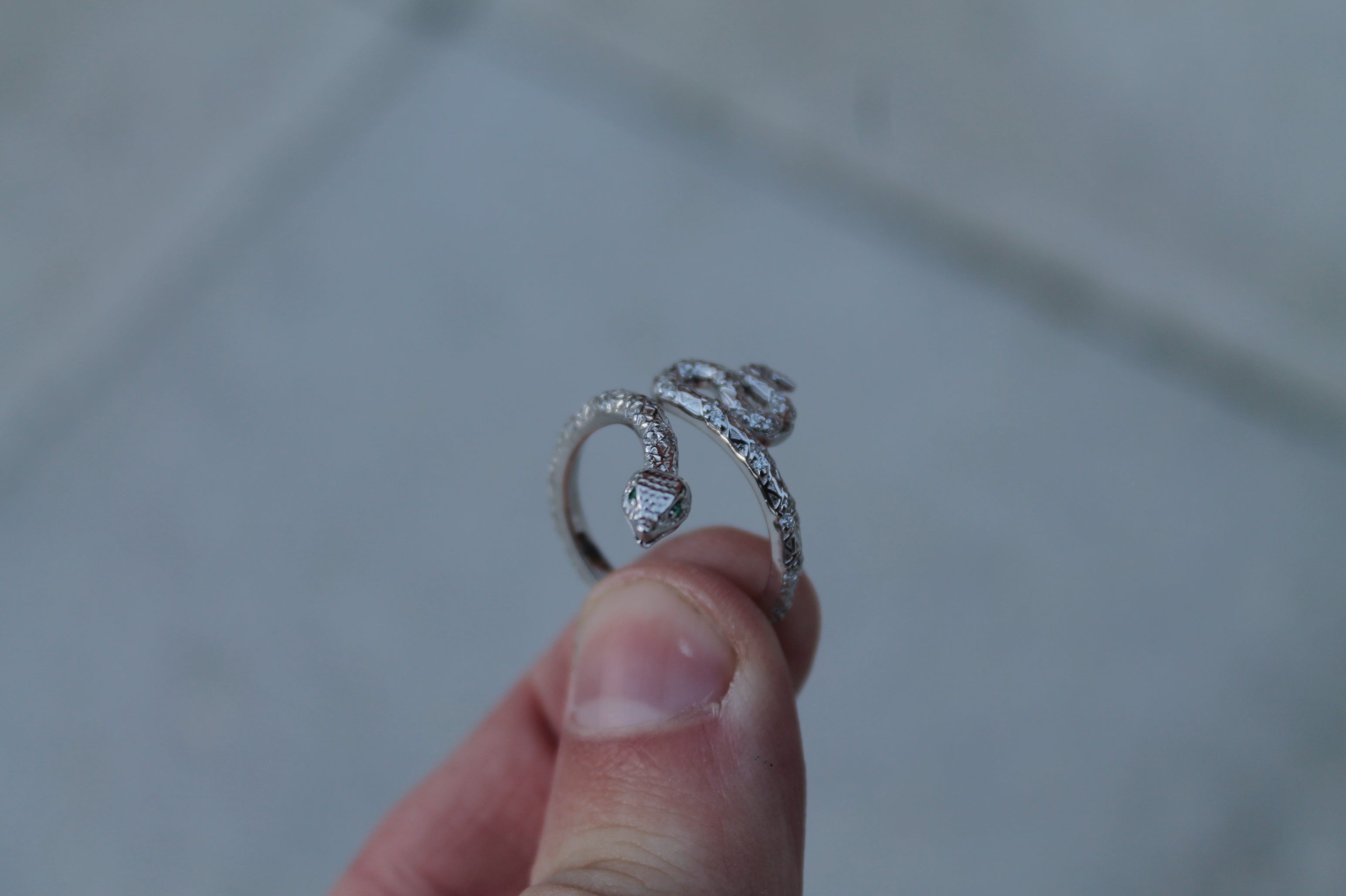 Diamond & Emerald Snake Ring | 14k White Gold | Statement Ring
