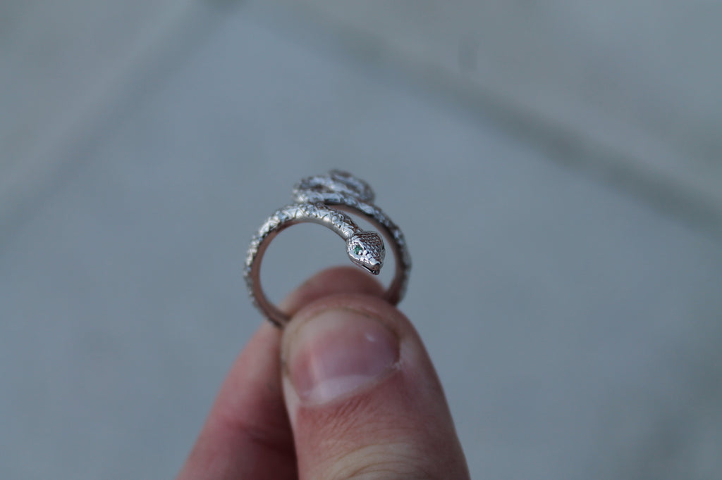 Diamond & Emerald Snake Ring | 14k White Gold | Statement Ring