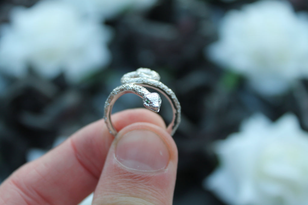 Diamond & Emerald Snake Ring | 14k White Gold | Statement Ring