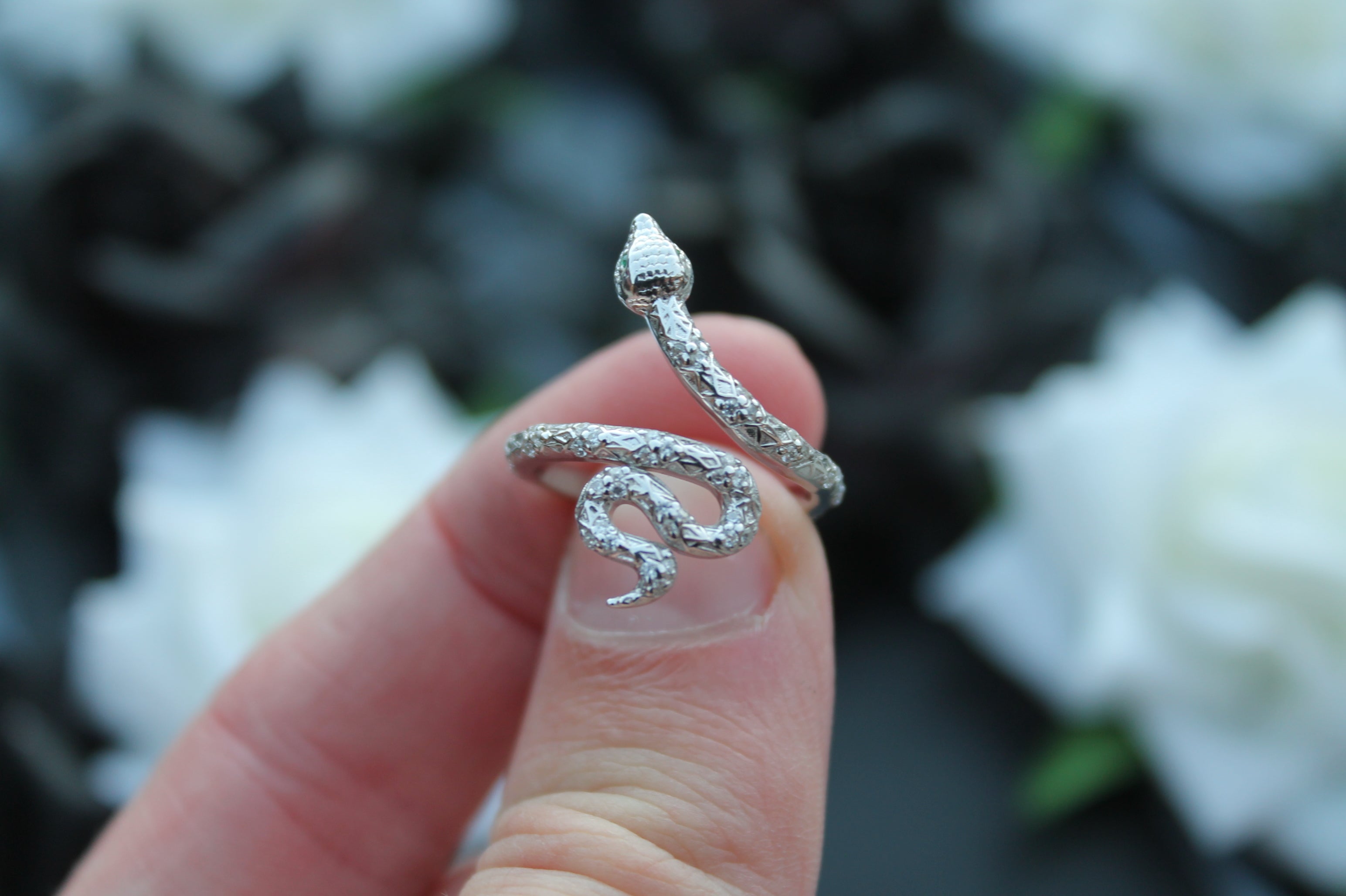 Diamond & Emerald Snake Ring | 14k White Gold | Statement Ring