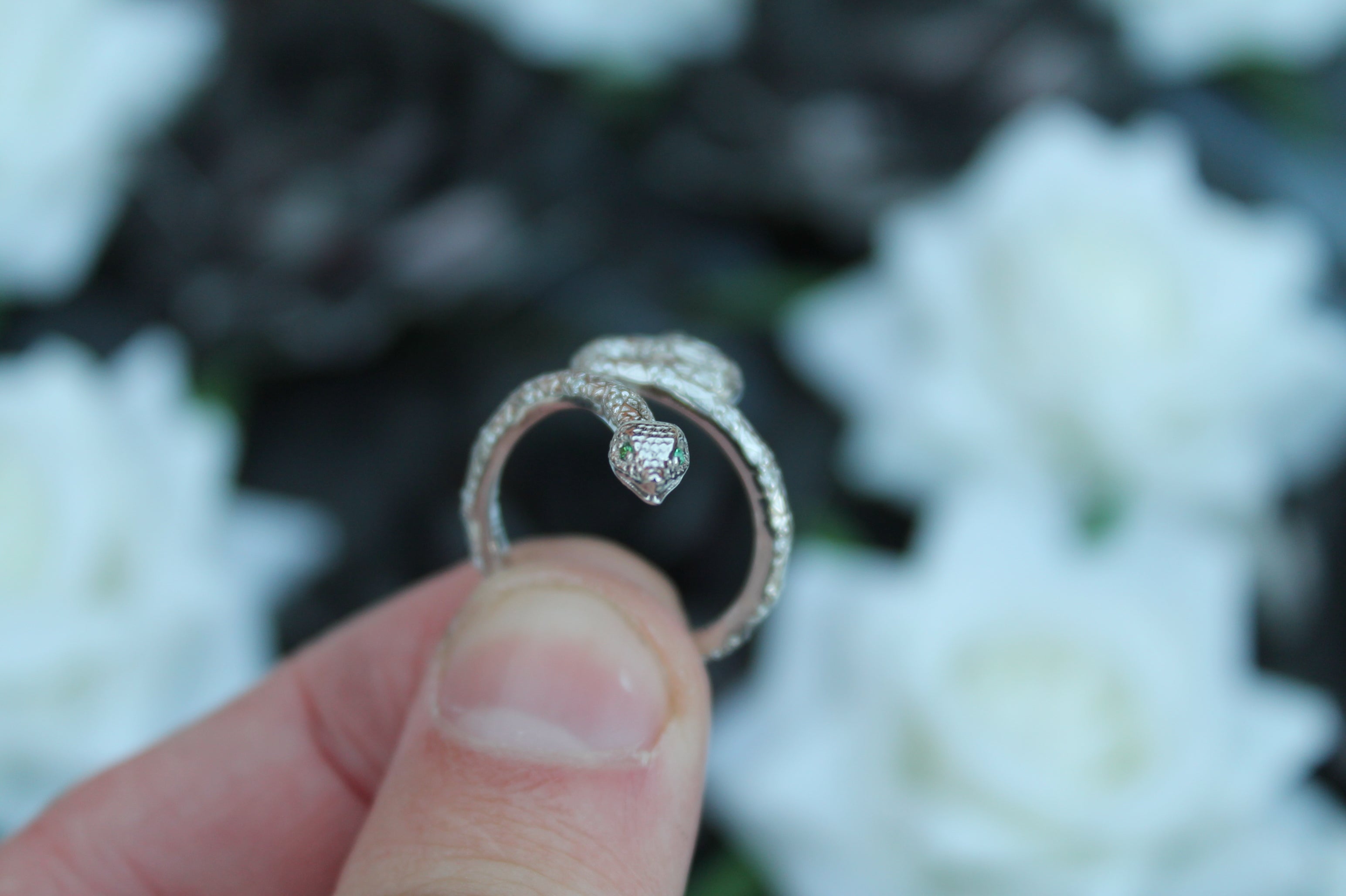 Diamond & Emerald Snake Ring | 14k White Gold | Statement Ring