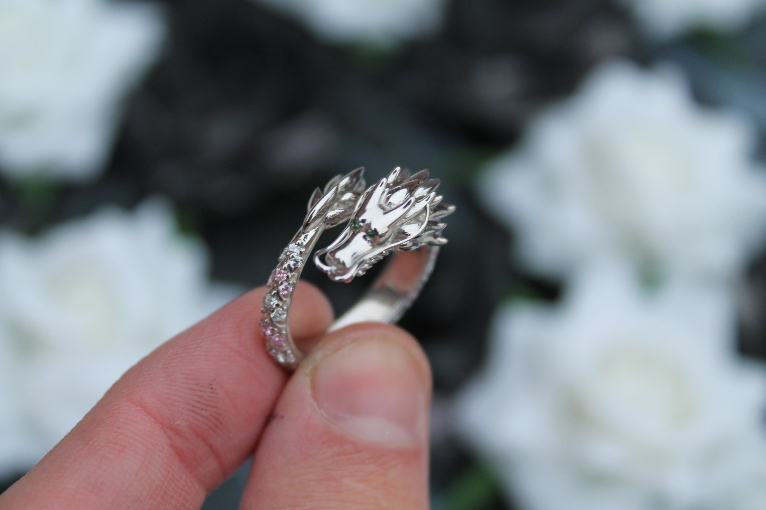 Sapphire & Diamond Dragon Ring | 14k White Gold | Statement Ring