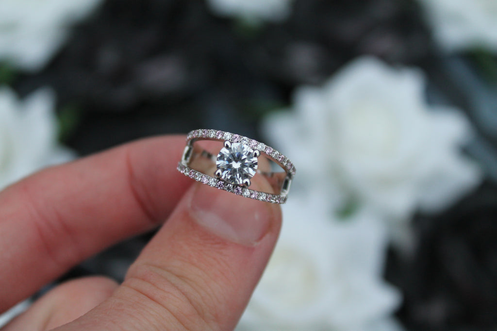 1 Carat Round Cut Diamond Ring With Split Sides & Sapphires | 14k White Gold | Engagement Ring