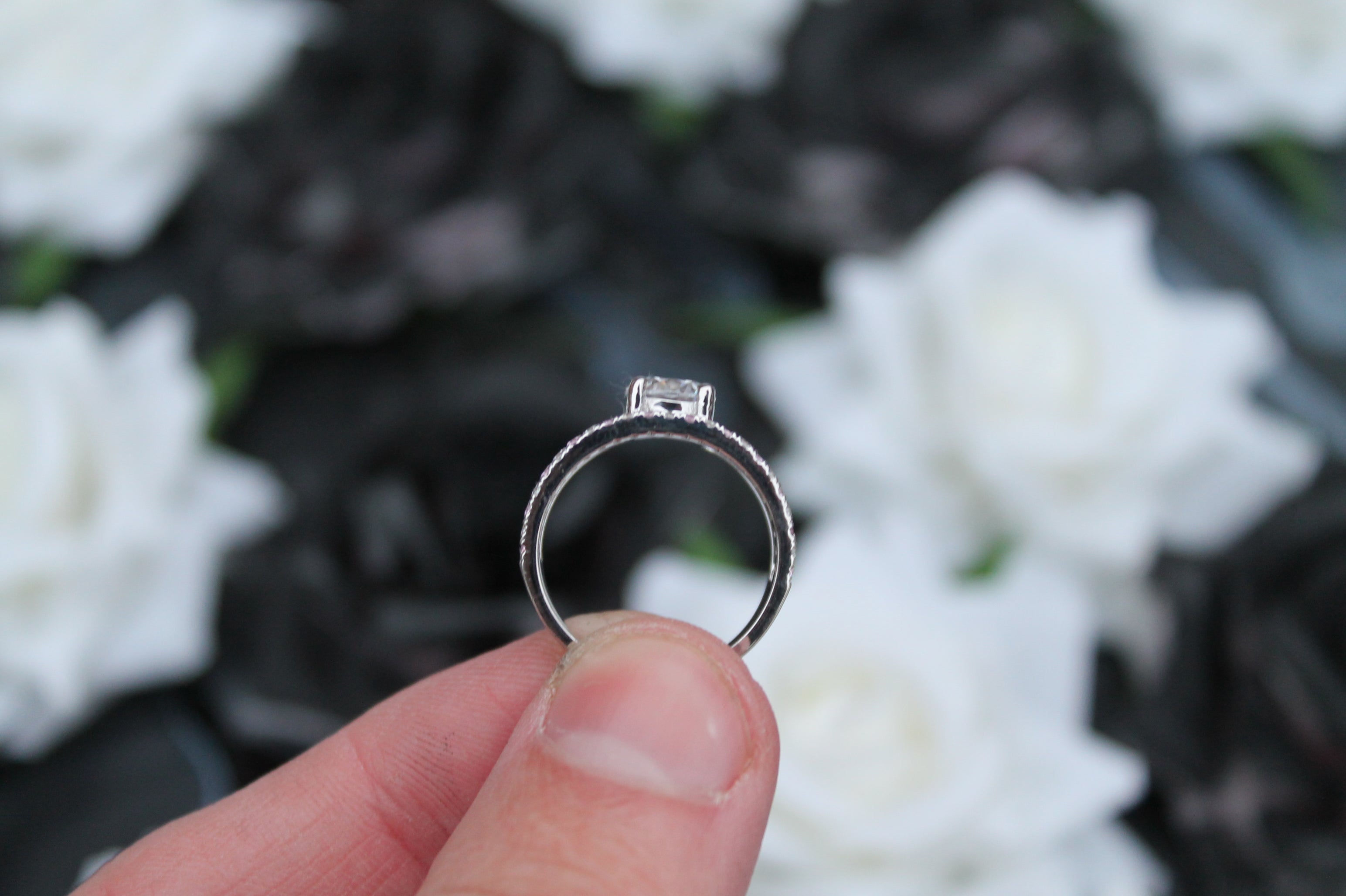 1 Carat Round Cut Diamond Ring With Split Sides & Sapphires | 14k White Gold | Engagement Ring
